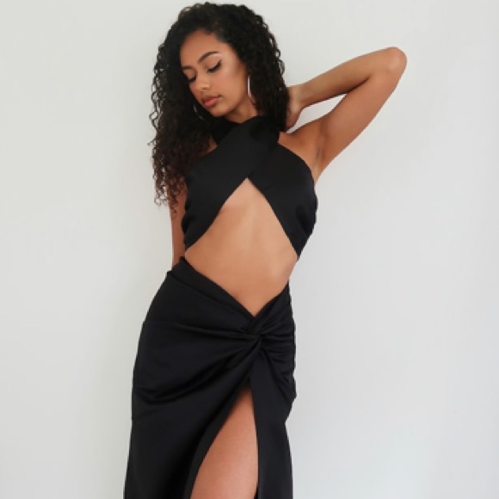 Black Satin Twist Front Halter Crop Top